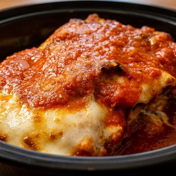 Cheesy lasagna with rich red sauce in a black bowl on a wooden table.