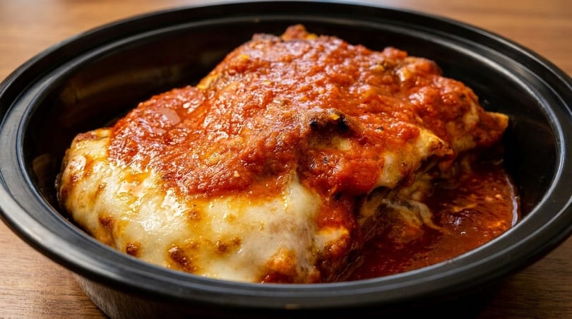 Cheesy lasagna with rich red sauce in a black bowl on a wooden table.